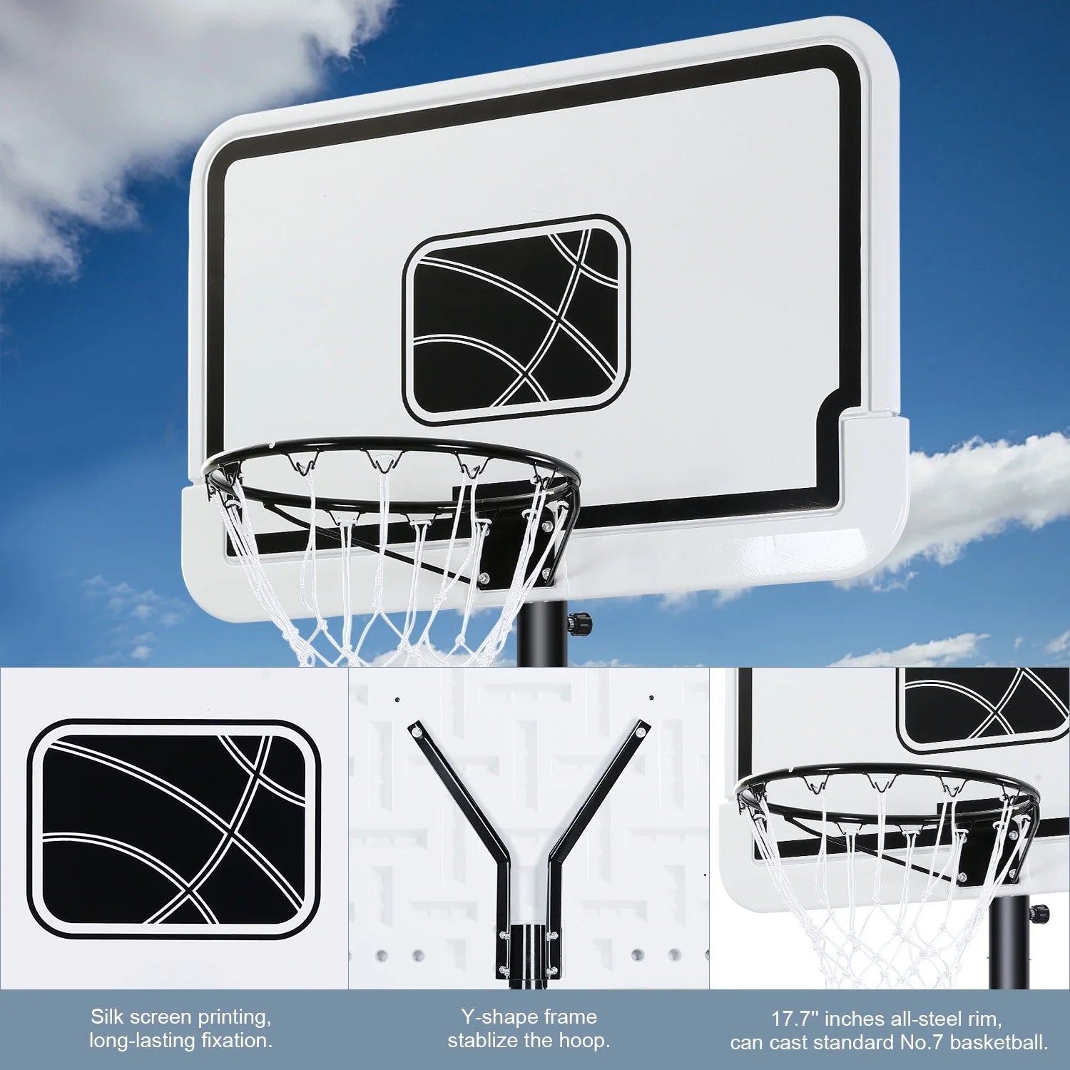 44In Portable Basketball Hoop with Height Adjustable 6.56Ft to 10Ft Basketball Goals for Younger People Indoor Outdoor with Free Basketabll